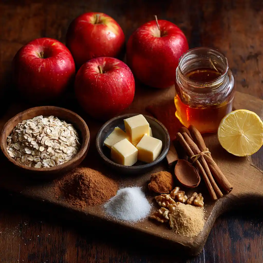 Ingrédients frais pour crousti-fondant aux pommes : pommes, flocons avoine, beurre, cannelle, miel