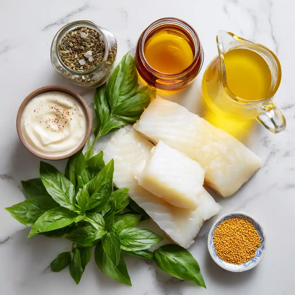 Ingrédients pour filet de cabillaud en sauce crémeuse : filets frais, crème, moutarde Dijon, miel, herbes fraîches disposés sur marbre