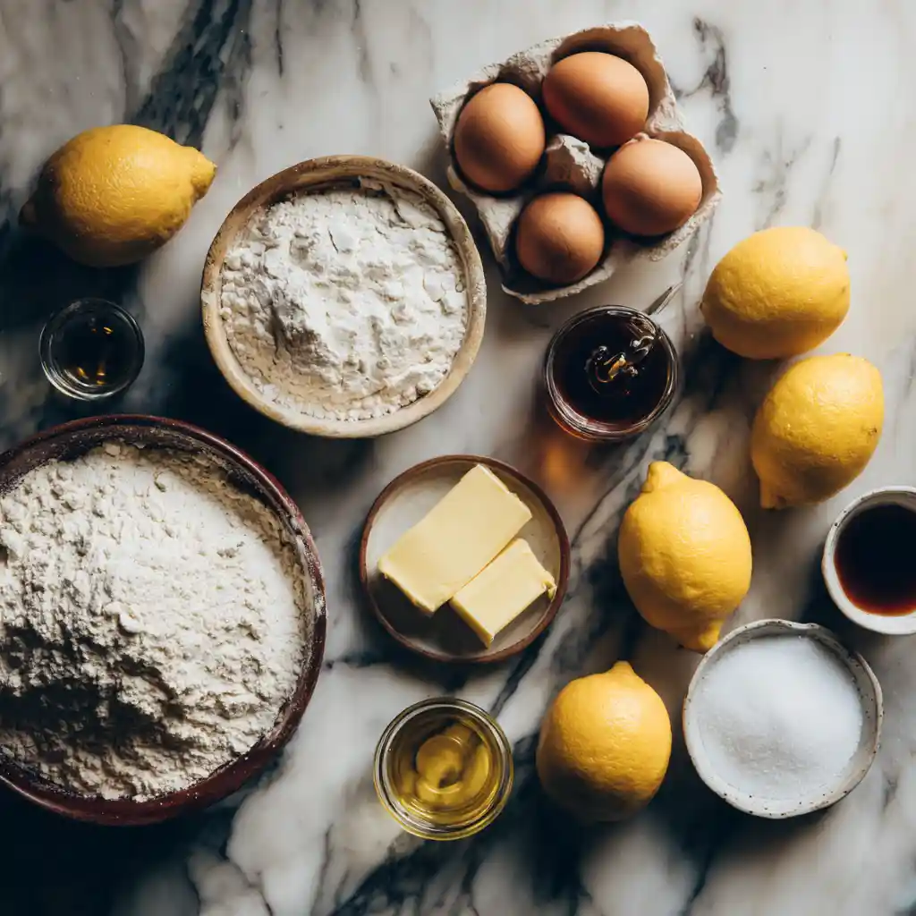 Ingrédients pour gâteau au citron disposés sur plan de travail : farine, œufs, beurre, citrons bio, sucre