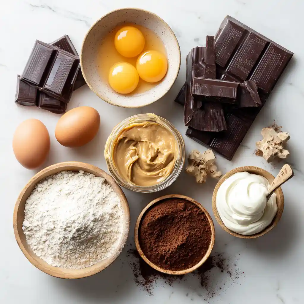 Ingrédients pour gâteau roulé au chocolat disposés sur plan de travail : œufs, chocolat, beurre de cacahuète, farine, cacao