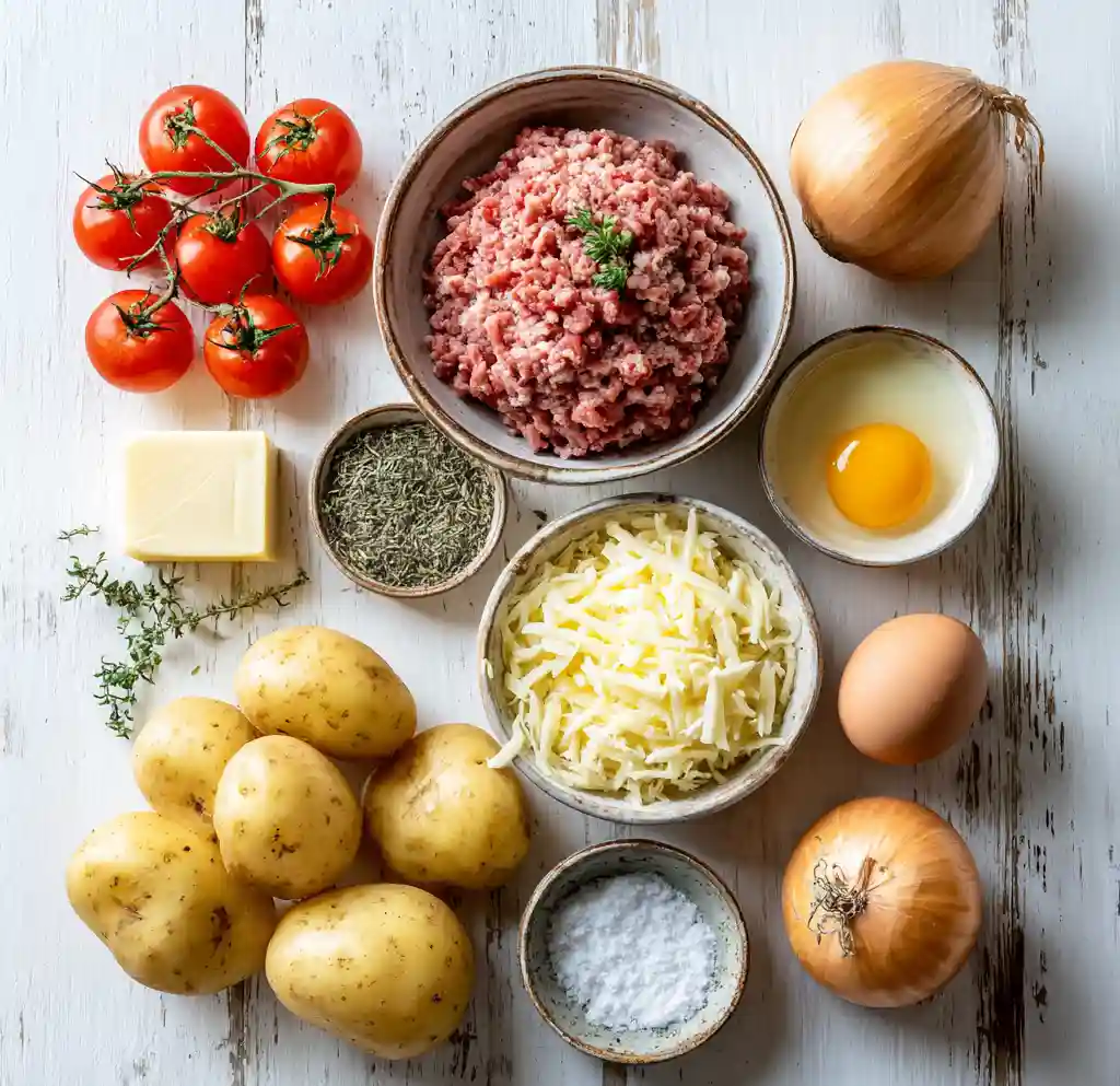Ingrédients pour hachis parmentier : viande hachée, pommes de terre, oignons, tomates fraîches