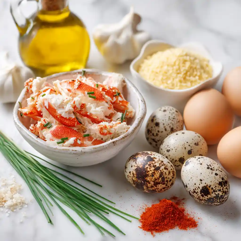 Ingrédients frais pour mini croquettes de crabe disposés artistiquement - chair de crabe, œufs de caille, épices et herbes