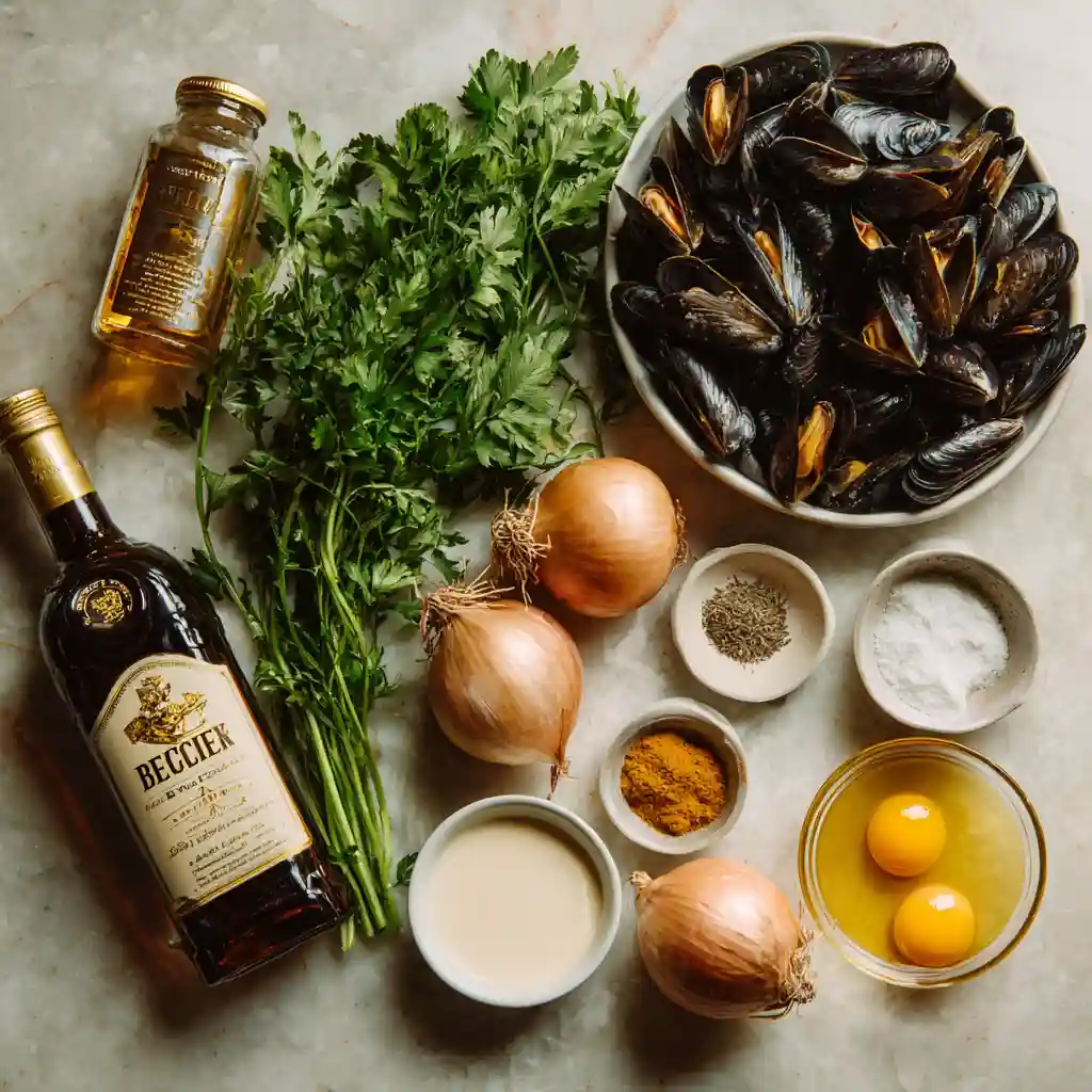 Ingrédients frais pour mouclade charentaise : moules de Bouchot, pineau blanc, crème fraîche, échalotes et épices
