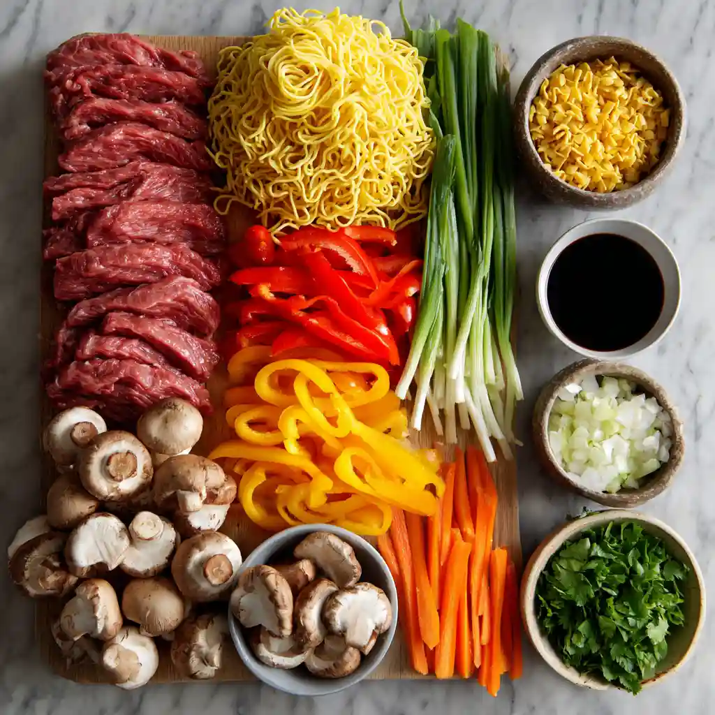 Ingrédients frais pour nouilles asiatiques : bœuf, légumes, nouilles chinoises et sauces