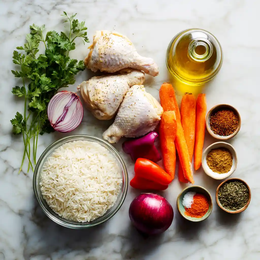 Tous les ingrédients frais pour poulet au riz disposés sur marbre blanc - cuisses de poulet, riz basmati, légumes colorés, herbes fraîches, épices méditerranéennes