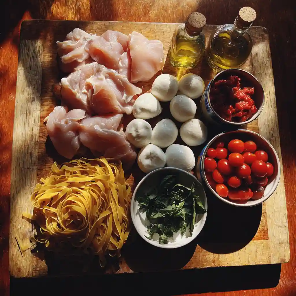 Ingrédients frais pour la recette poulet mozzarella : poulet fermier, mozzarella di bufala, tomates San Marzano, ail, tagliatelles