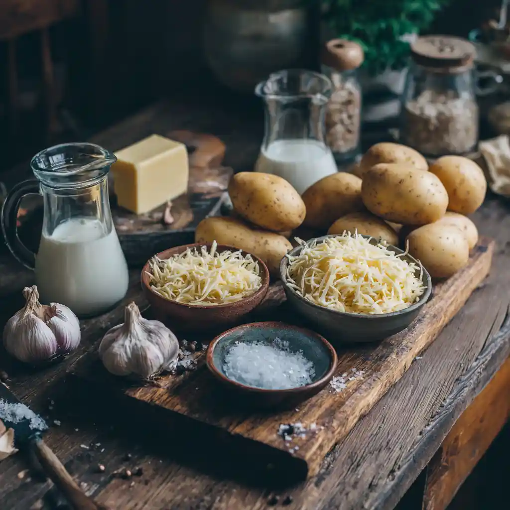 Ingrédients frais pour purée croquante au fromage : pommes de terre Yukon, Gruyère râpé, crème, beurre, ail sur plan de travail