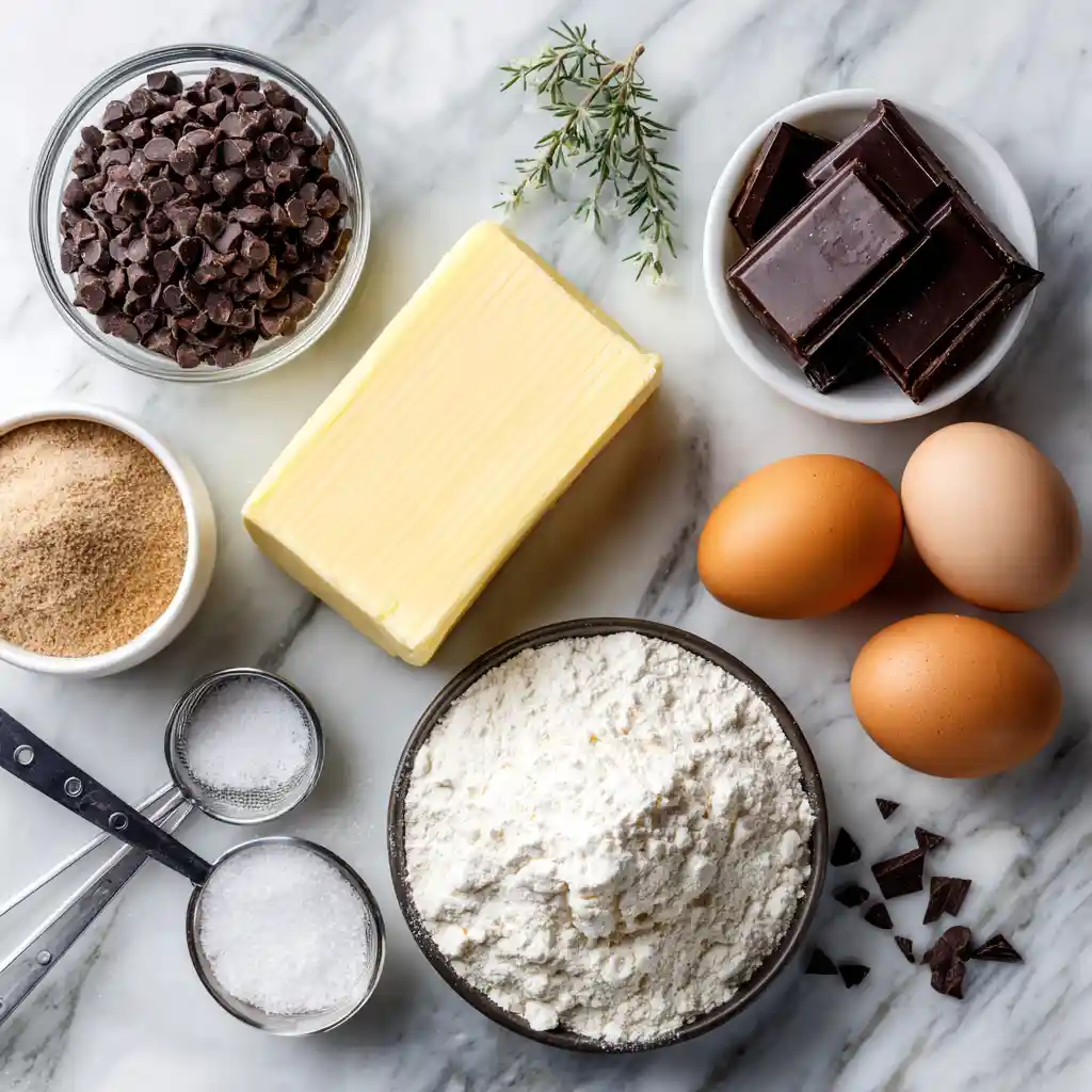 Ingrédients recette cookies moelleux Chef Benoît - beurre 250g, chocolat 300g, farine 350g, sucres, œufs disposés sur plan travail marbre