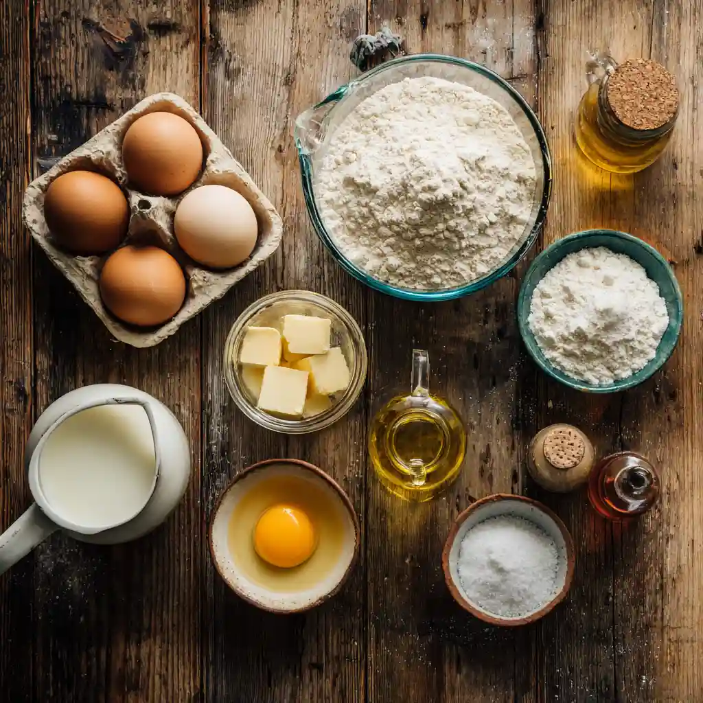 Ingrédients pour recette crêpe facile : farine, œufs, lait, beurre disposés sur plan de travail