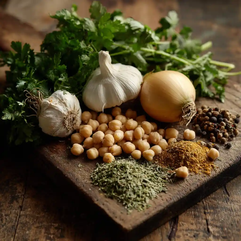 Ingrédients pour la recette des falafels : pois chiches, fèves, herbes fraîches et épices