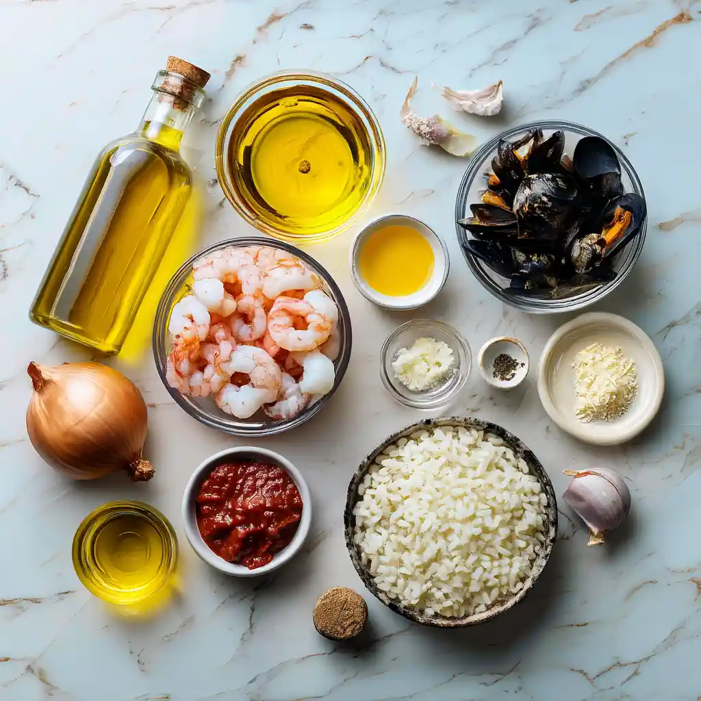 Tous les ingrédients du risotto aux fruits de mer disposés : riz arborio, fruits de mer, échalotes, vin blanc, crème fraîche