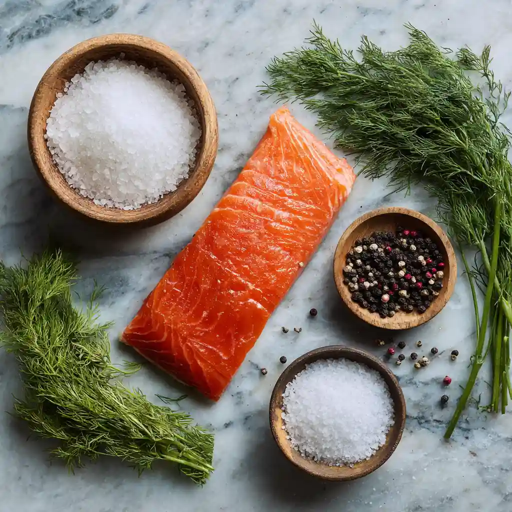 Ingrédients pour recette saumon gravlax : saumon frais, sel, sucre, aneth et poivre concassé
