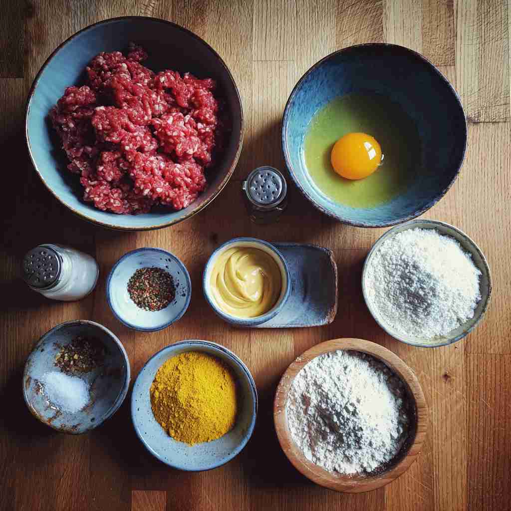 Ingrédients pour la recette de steak haché : viande hachée, œuf, moutarde, chapelure et assaisonnements