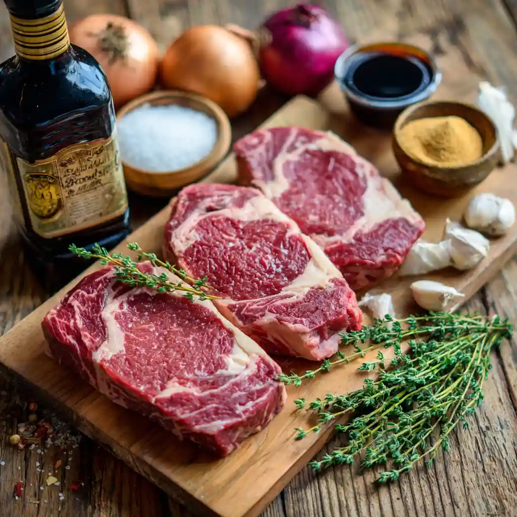 Tous les ingrédients pour la recette de steaks de faux-filet du Mississippi : viande crue, vin rouge, épices, oignons, ail sur plan de travail