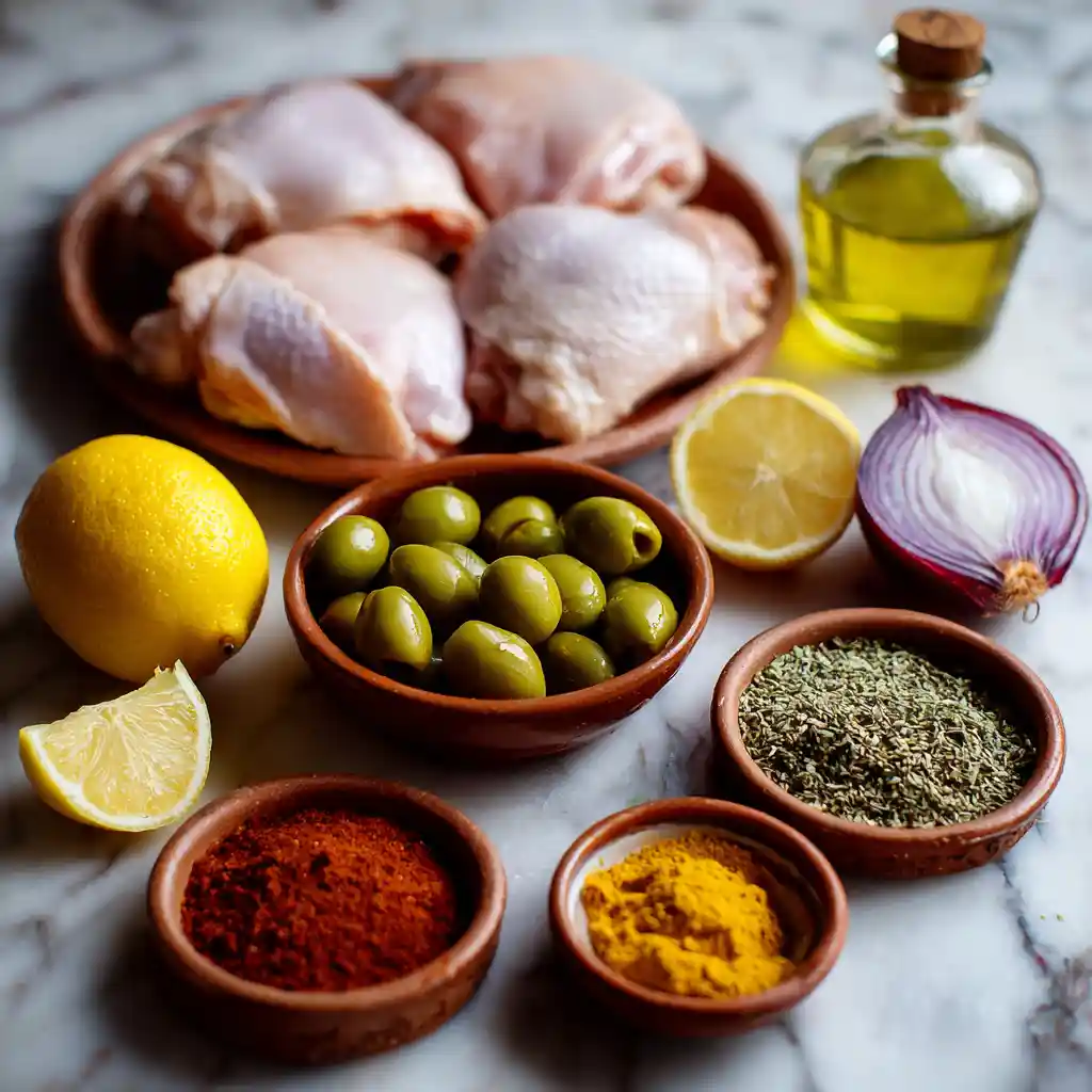 Ingrédients frais pour tajine de poulet disposés sur marbre avec épices ras-el-hanout, olives vertes et citron