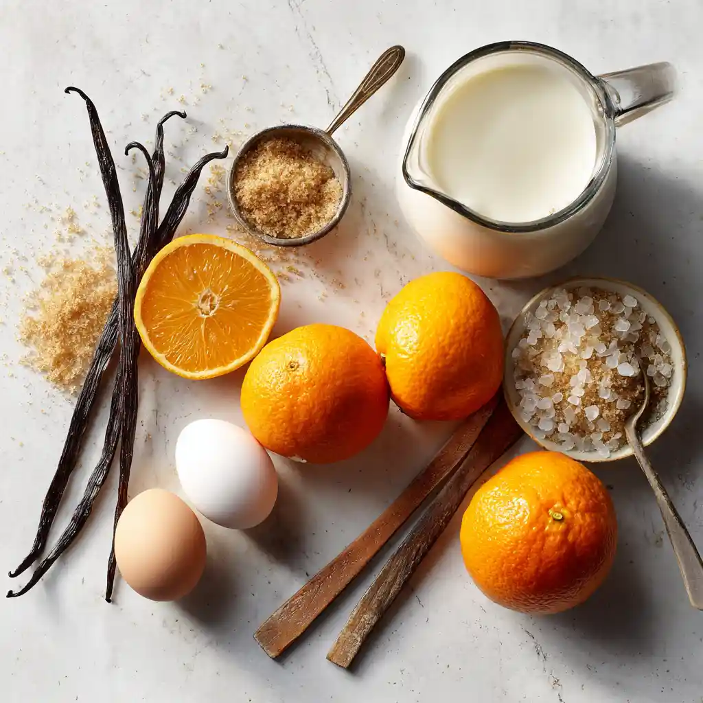 Ingrédients frais pour tarte crème brûlée : oranges bio, œufs fermier, crème, vanille Madagascar sur marbre