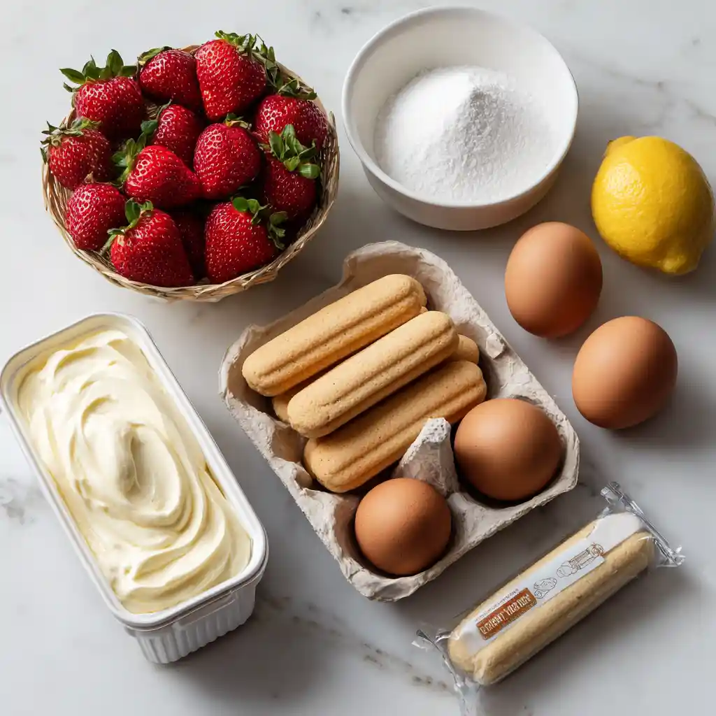 Ingrédients frais pour tiramisu à la fraise : mascarpone, fraises, œufs, boudoirs et sucre