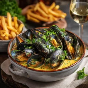 Mouclade charentaise authentique avec moules de Bouchot et sauce crémeuse au curry, recette traditionnelle de Chef Benoît