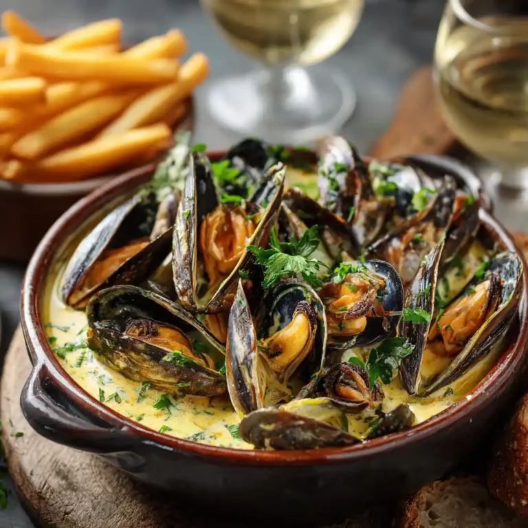 Mouclade charentaise authentique de Chef Benoît avec moules de Bouchot et sauce crémeuse au curry dans un plat traditionnel