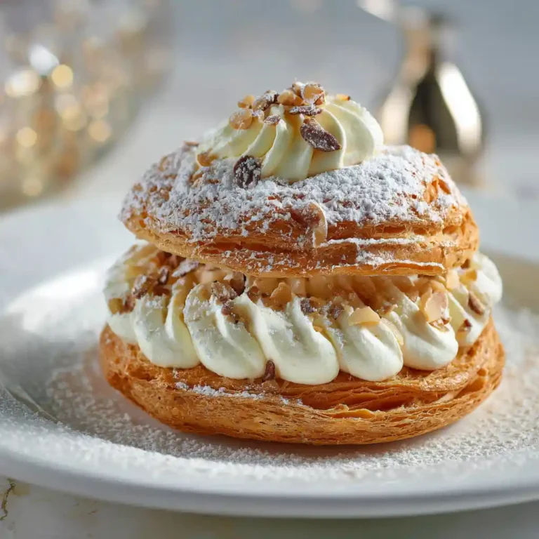 Paris-Brest doré au praliné avec chantilly, pâtisserie française traditionnelle en forme de roue sur assiette blanche