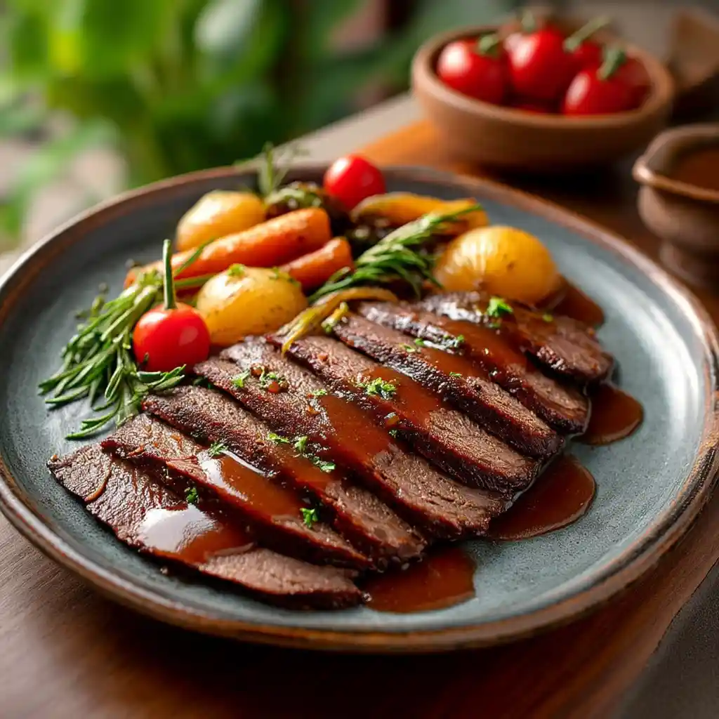 Assiette de poitrine de bœuf braisée tranchée finement avec légumes et sauce onctueuse, servie dans une cuisine familiale chaleureuse