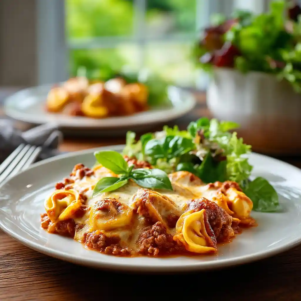 Portion de casserole de tortellinis au fromage servie dans une assiette blanche avec salade verte en accompagnement