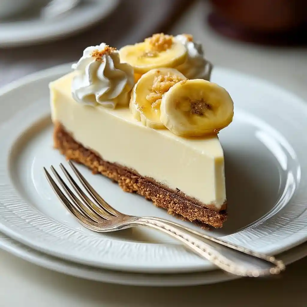 Portion de cheesecake à la banane servie dans une assiette élégante avec décoration de rondelles de bananes