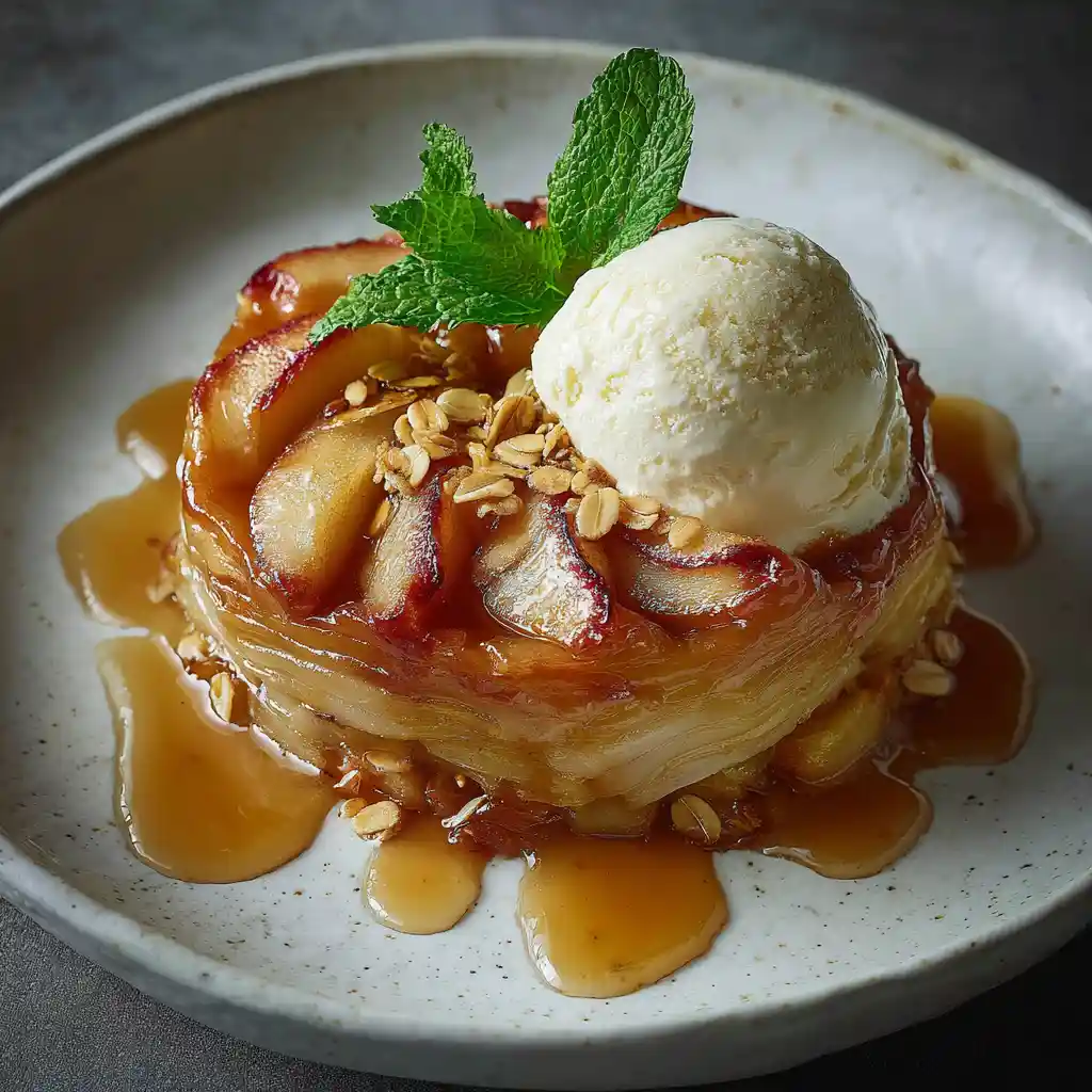Portion de crousti-fondant aux pommes servie dans une assiette avec glace vanille, dessert français authentique
