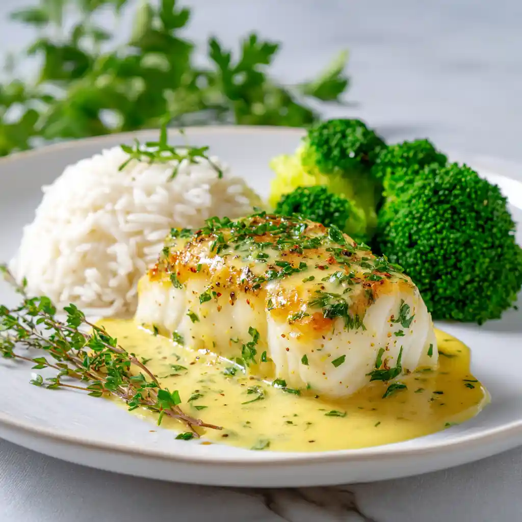 Portion de filet de cabillaud en sauce moutarde servie avec riz basmati et légumes verts sur assiette blanche