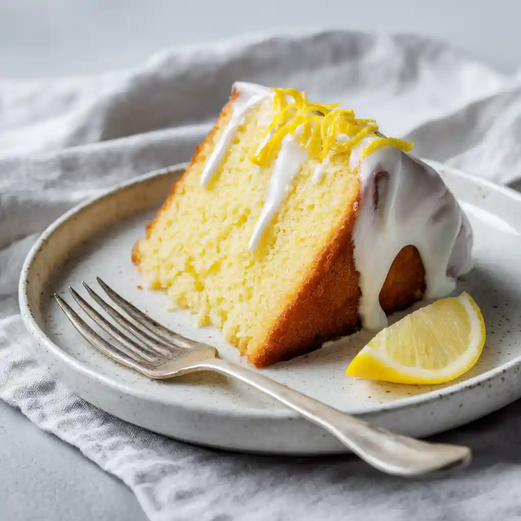 Portion de gâteau au citron servie dans assiette blanche avec fourchette et zestes de citron frais