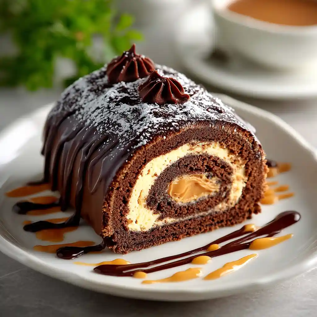 Tranche de gâteau roulé au chocolat servie sur assiette blanche montrant la spirale parfaite et la garniture au beurre de cacahuète