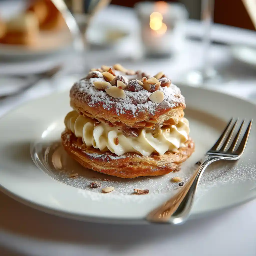 Portion individuelle de Paris-Brest au praliné coupée en triangle sur assiette à dessert avec fourchette