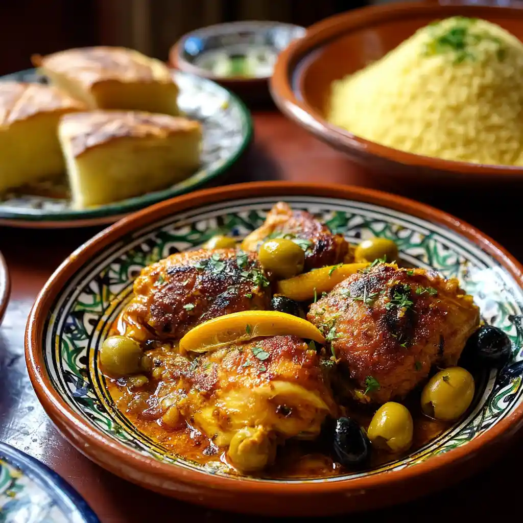 Portion de tajine de poulet aux olives servie dans une assiette traditionnelle avec couscous et pain marocain