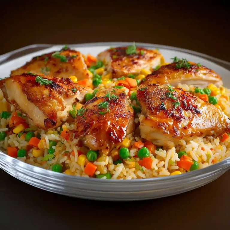 Plat de poulet au riz aux légumes colorés servi dans une cocotte en fonte, cuisses de poulet dorées disposées sur lit de riz parfumé avec carottes et poivrons, style méditerranéen authentique