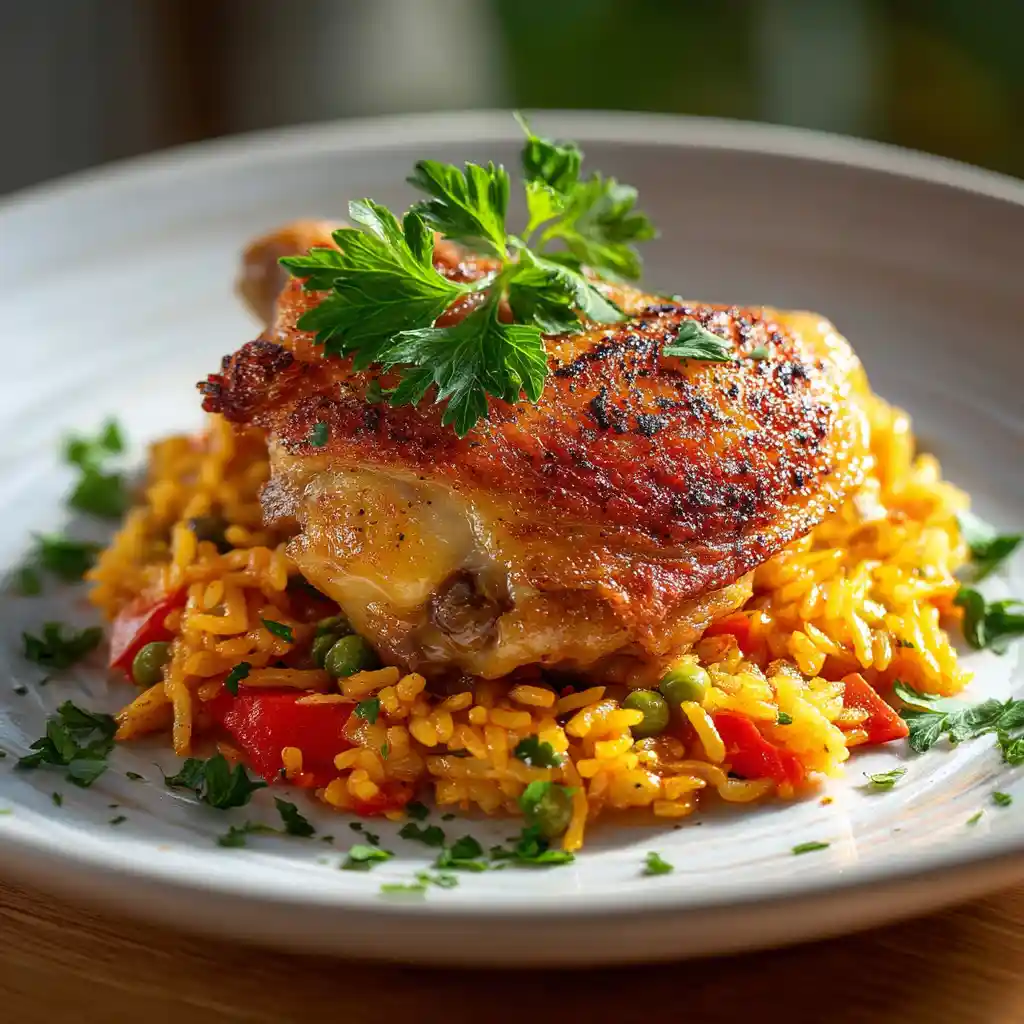 Portion individuelle de poulet au riz aux légumes servie dans assiette blanche, morceau de cuisse dorée sur riz coloré garni de persil frais, présentation restaurant