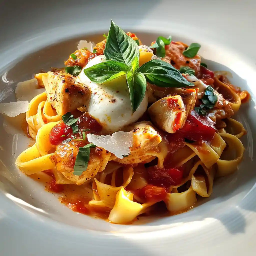 Dressage élégant du poulet mozzarella dans une assiette blanche avec présentation de chef