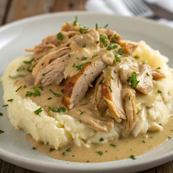 Poulet râpé crémeux sur purée de pommes de terre