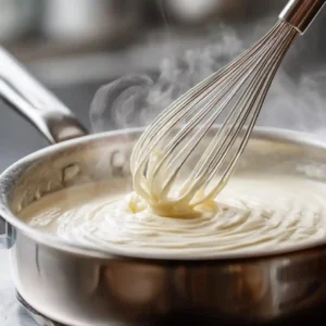 Préparation de la béchamel pour feuilleté au jambon, fouet dans casserole avec sauce onctueuse