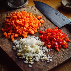 Légumes frais préparés pour poulet au riz - dés de carotte orange, morceaux de poivron rouge, oignon haché et ail sur planche à découper en bois avec couteau de chef