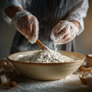 Mélange de farine, sucre glace et sel dans grand saladier pour pâte à biscuits sablés