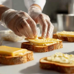 Mains préparant un croque-monsieur : beurrage généreux des tranches de pain grillé et disposition des tranches de gruyère