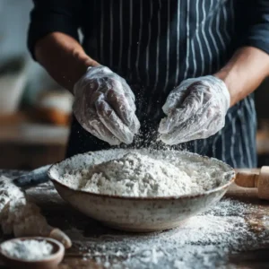 Chef mélangeant pâte bredele dans saladier, étape préparation