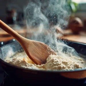 Préparation de la pâte à choux dans casserole, ajout de farine dans mélange eau-beurre bouillant