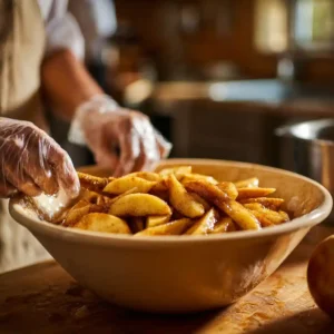 Préparation des pommes pour crousti-fondant : tranches de pommes marinées avec cannelle et sucre brun