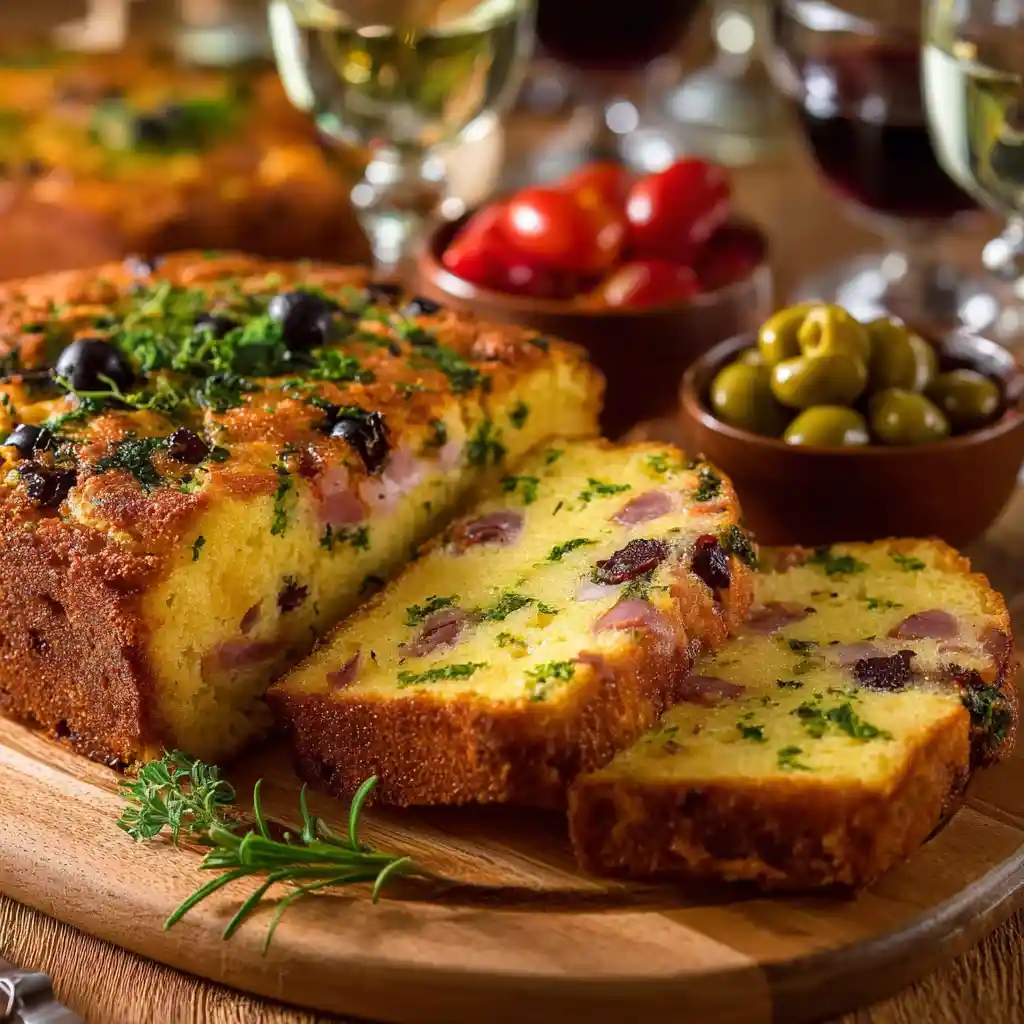 Présentation cake salé : tranches servies pour apéritif famille, dressage élégant planche bois