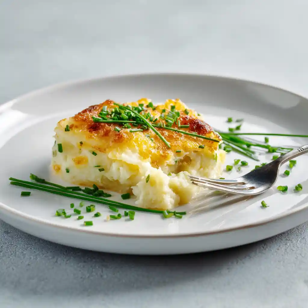 Portion généreuse de purée croquante au fromage servie dans assiette blanche, texture crémeuse et croûte dorée visible