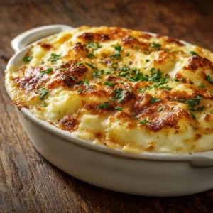 Purée croquante au fromage dorée sortant du four, croûte gratinée parfaite, plat réconfortant signature du Chef Benoît