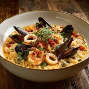 Risotto aux fruits de mer crémeux dans une assiette blanche avec crevettes, moules et calamars, parsemé de paprika