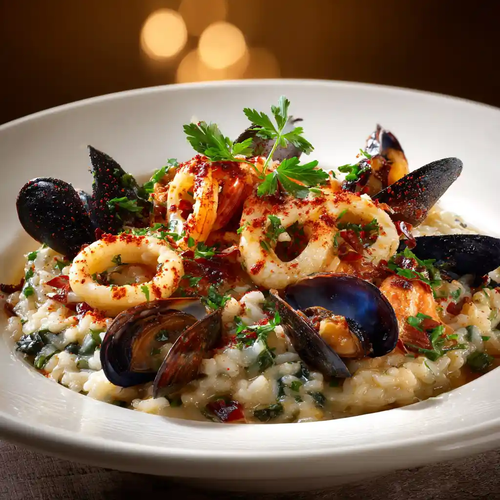 Risotto aux fruits de mer crémeux dans une assiette blanche avec crevettes, moules et calamars, parsemé de paprika