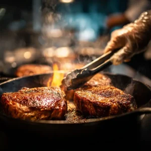 Saisie parfaite des steaks de faux-filet dans une poêle chaude avec coloration dorée, technique de chef professionnel